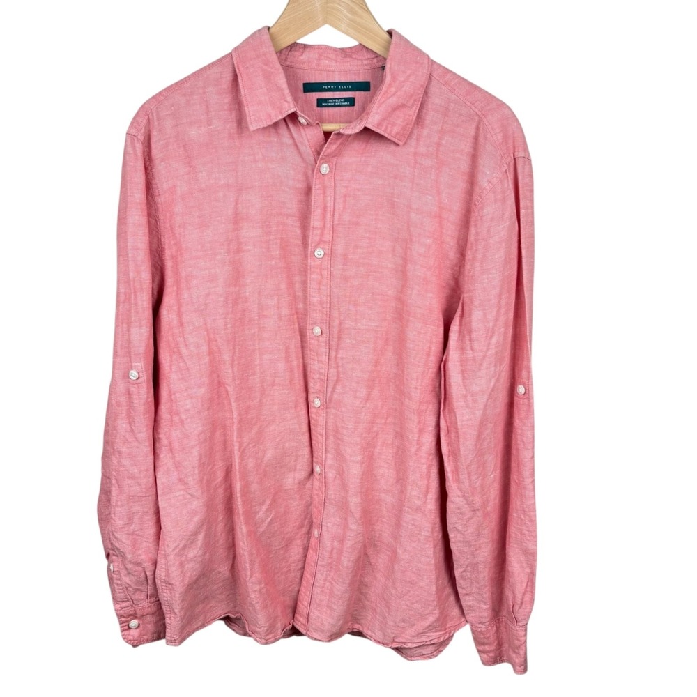 Perry Ellis Linen Blend Botton-Down‎ Shirt Men's Size L Guava Pink Resort Beach